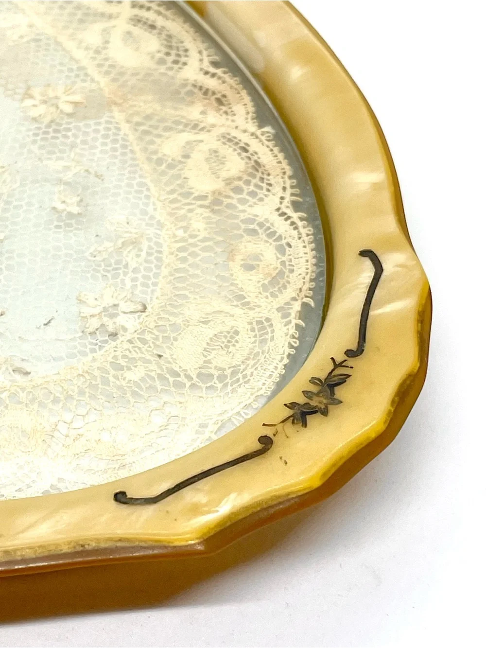 Vintage Lucite Vanity Tray with Lace & Embroidered Roses Butterscotch Oval